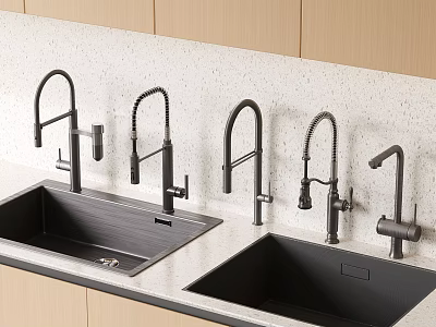 Modern Kitchen Sinks With Various Style Black Faucets Light Colored Countertop And Wooden Cabinets 3d model