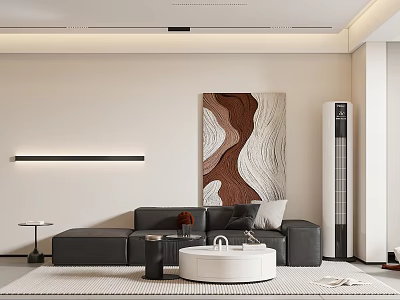 Modern Living And Dining Room Interior With Black Sofa Round Coffee Table And Artwork 3d model