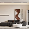 Modern Living And Dining Room Interior With Black Sofa Round Coffee Table And Artwork