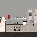 Office Workspace With White Storage Cabinet Water Dispenser Printer And Files On Shelf