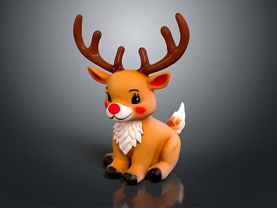 Cute Christmas Reindeer Figurine With Brown Antlers Red Nose White Belly Sitting On Black Surface 3d model
