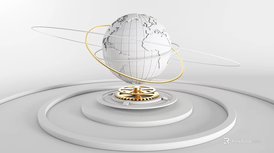 Decorative Ornament Set With Globe Golden Rings White Multi layered Circular Base And Gears 3d model 