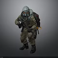 Crouching Figure In Protective Suit With Gas Mask Backpack And Rifle On Gray Background