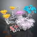 Aquatic Animals With Colorful Blue Pink Yellow Corals White Structures And Small Round Objects 3d model