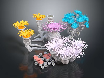 Aquatic Animals With Colorful Blue Pink Yellow Corals White Structures And Small Round Objects 3d model
