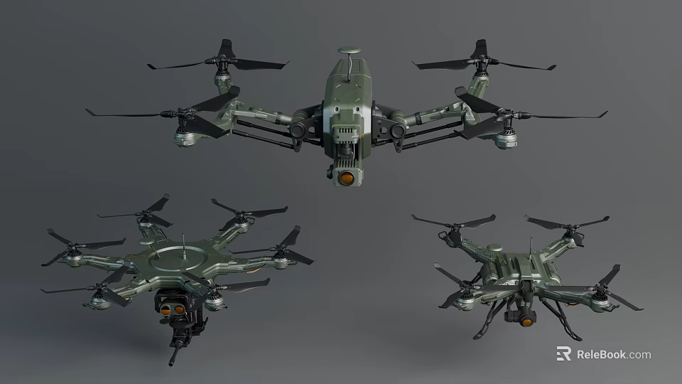 Military Tactical Drones With Multi Rotor Design And Camera Systems From Different Angles 3d model 