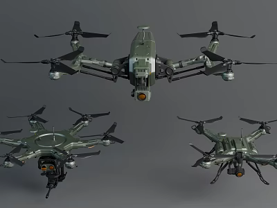 Military Tactical Drones With Multi Rotor Design And Camera Systems From Different Angles 3d model