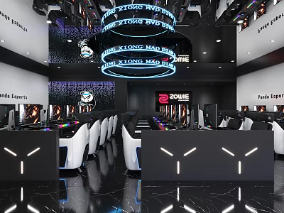 Modern Internet Cafe Interior With Gaming Computers RGB Lighting Neon Signs And Comfortable Seats 3d model