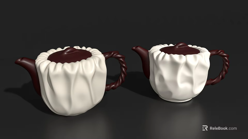 Two Ceramic Teacups with White Ruffled Fabric Covers and Dark Brown Bodies 3d model 