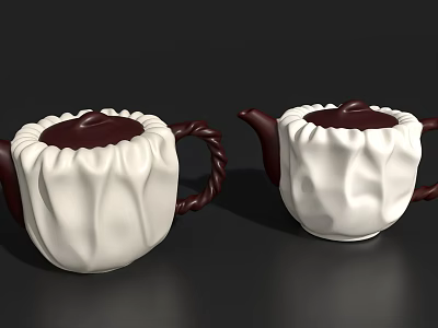 Two Ceramic Teacups with White Ruffled Fabric Covers and Dark Brown Bodies 3d model