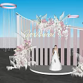 Bride In White Wedding Dress On Decorative Stage With Pink White Flowers And Crystal Chandeliers