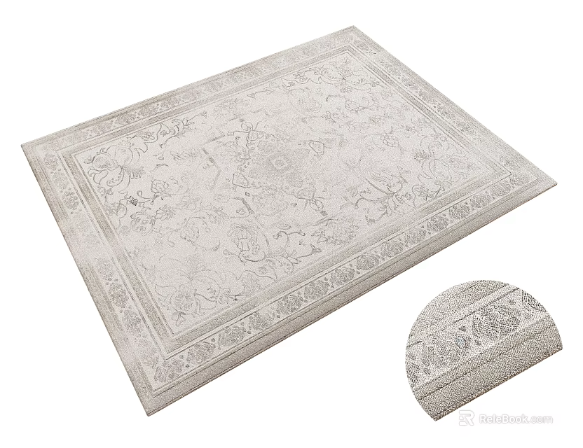 Square Rug With Intricate Floral Patterns Neutral Beige Classic Design Detailed Border 3d model 