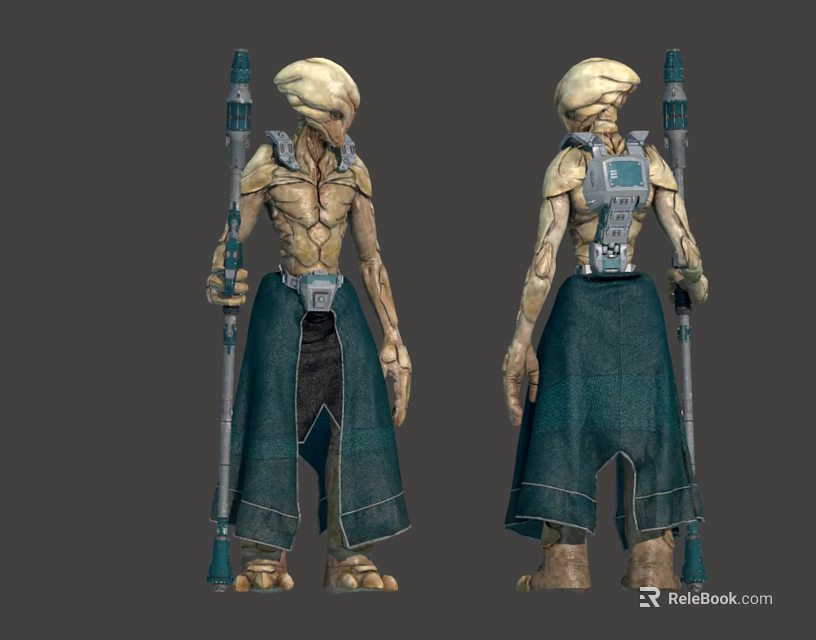 Sci Fi Alien Creature Character With Slim Body Robe Staff And Back Device Design 3d model 