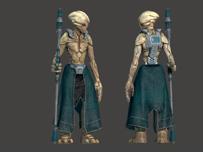 Sci Fi Alien Creature Character With Slim Body Robe Staff And Back Device Design 3d model