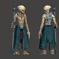 Sci Fi Alien Creature Character With Slim Body Robe Staff And Back Device Design