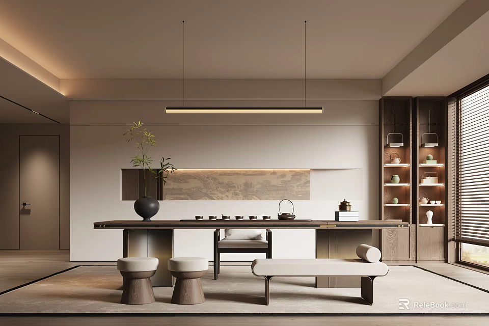 Modern Minimalist Tea Room Interior With Wooden Table Stools Pendant Light And Green Plants 3d model 