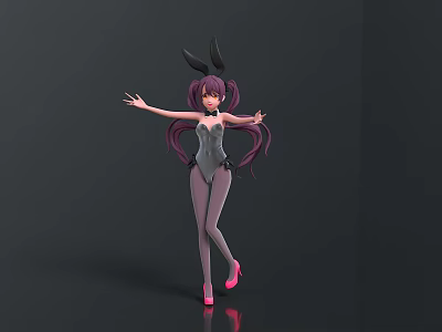 Anime Character With Rabbit Ears Purple Hair Black Bodysuit Gray Stockings And Pink Heels 3d model