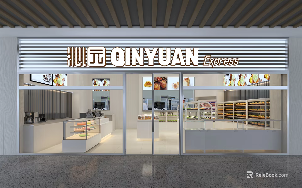 QINYUAN Express Dessert Shop with Glass Display Cases and Window Fresh Pastries Bright Interior 3d model 