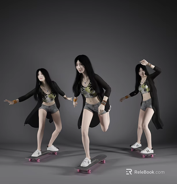 Young Woman In Black Coat And Gray Shorts Riding Skateboard With Different Poses 3d model 