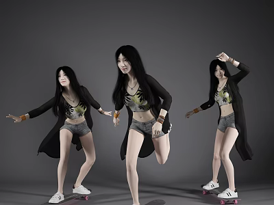 Young Woman In Black Coat And Gray Shorts Riding Skateboard With Different Poses 3d model