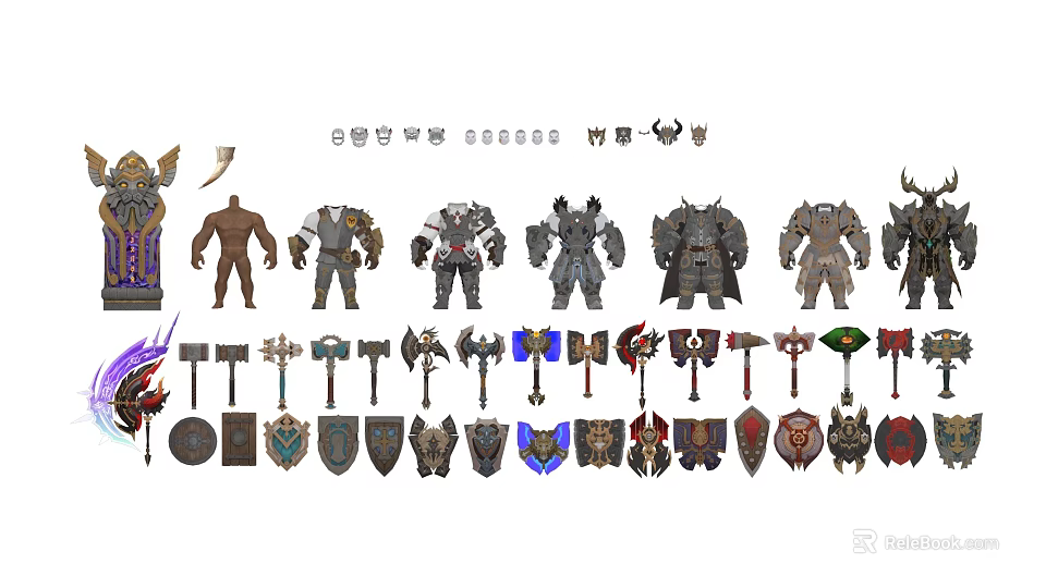 Game Movie Characters With Various Armor Styles Weapons And Shields 3d model