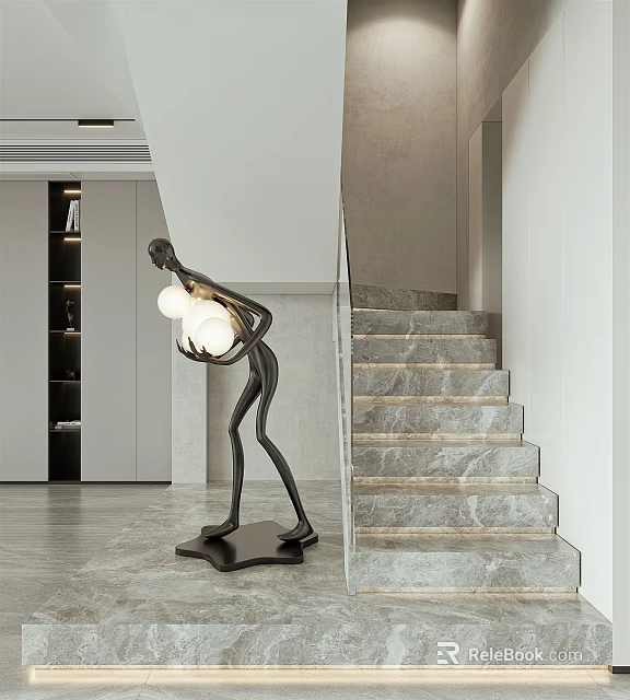 Marble Stairs In Modern Interior With Human Shaped Sculpture Lamp 3d model 