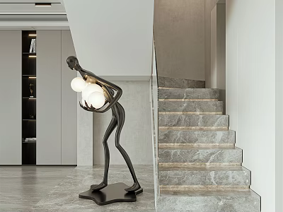 Marble Stairs In Modern Interior With Human Shaped Sculpture Lamp 3d model
