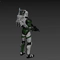Smart Robot in Green and White Armor Holding Weapon in Standing Position 3d model
