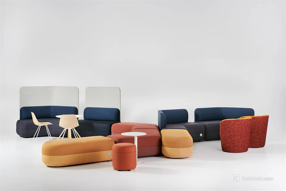 Stylish Modern Sofa and Coffee Table Set With Colorful Modular Seats And Round Tables 3d model 