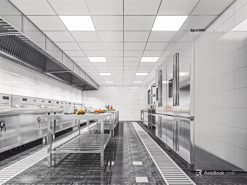 Modern Commercial Kitchen With Stainless Steel Appliances Tiled Walls Range Hood And Worktables 3d model 
