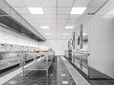 Modern Commercial Kitchen With Stainless Steel Appliances Tiled Walls Range Hood And Worktables 3d model