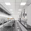 Modern Commercial Kitchen With Stainless Steel Appliances Tiled Walls Range Hood And Worktables