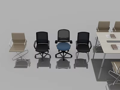 Modern Office Desk With Black Mesh Chairs Blue Cushion Seat And Wooden Frame Chairs 3d model