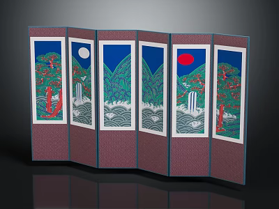 Traditional Oriental Folding Screen with Mountain Water Pine Tree Moon and Sun Design 3d model