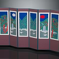 Traditional Oriental Folding Screen with Mountain Water Pine Tree Moon and Sun Design
