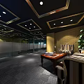 Office Interior With Black Gold Ceiling Yellow Black Checkered Walls Green Patterned Accent And Furniture