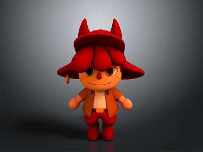 Adorable Stuffed Doll Featuring Red Horns Large Red Hat Brown Eyes And Orange Outfit 3d model