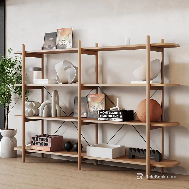 Wooden Storage Shelves With Decorative Items Books Sculptures And Green Plant 3d model 