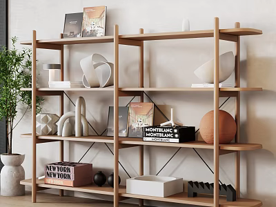 Wooden Storage Shelves With Decorative Items Books Sculptures And Green Plant 3d model