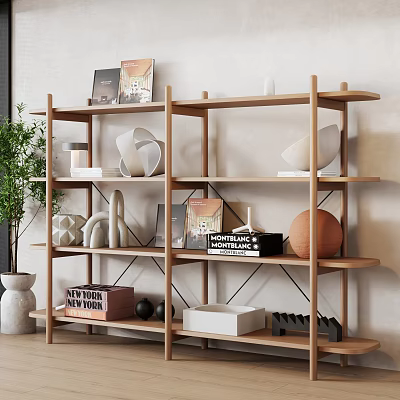 Wooden Storage Shelves With Decorative Items Books Sculptures And Green Plant 3d model