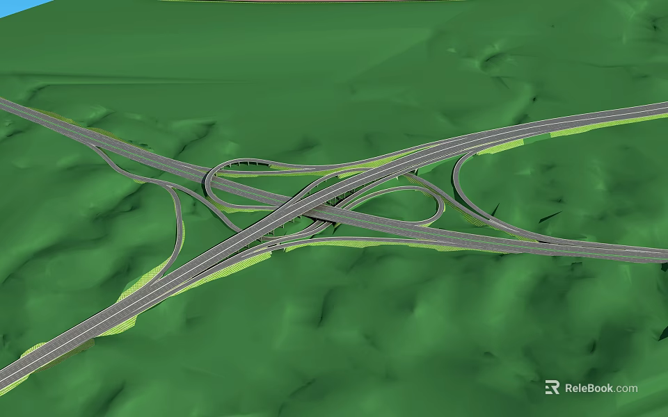 Elevated Highway Interchange with Curved Lanes on Green Rolling Terrain 3d model 