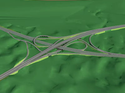 Elevated Highway Interchange with Curved Lanes on Green Rolling Terrain 3d model
