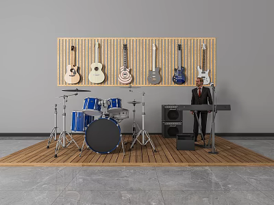 Musical Instruments and Art Supplies Collection Featuring Hanging Guitars Drum Set and Electronic Keyboard 3d model