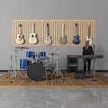 Musical Instruments and Art Supplies Collection Featuring Hanging Guitars Drum Set and Electronic Keyboard