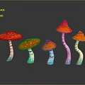 Five Red Mushroom Figurines With White Spots On Caps White Stems And Blue Bases