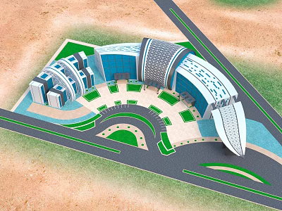 Modern Commercial Complex With Glass Facade Circular Plaza And Green Areas 3d model