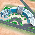 Modern Commercial Complex With Glass Facade Circular Plaza And Green Areas