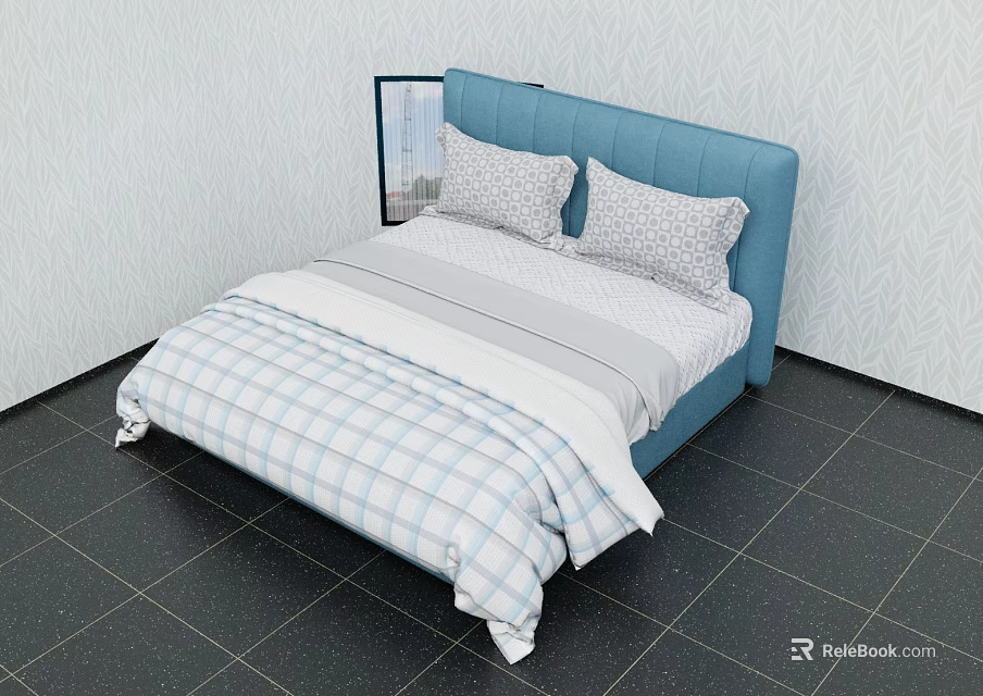 Double Bed With Blue Upholstered Headboard And Plaid Bedspread Gray Pillows 3d model