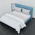 Double Bed With Blue Upholstered Headboard And Plaid Bedspread Gray Pillows 3d model