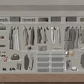 Modern Organized Closet Interior With Hanging Folded Clothes Bags Shoes Shelves And Drawers